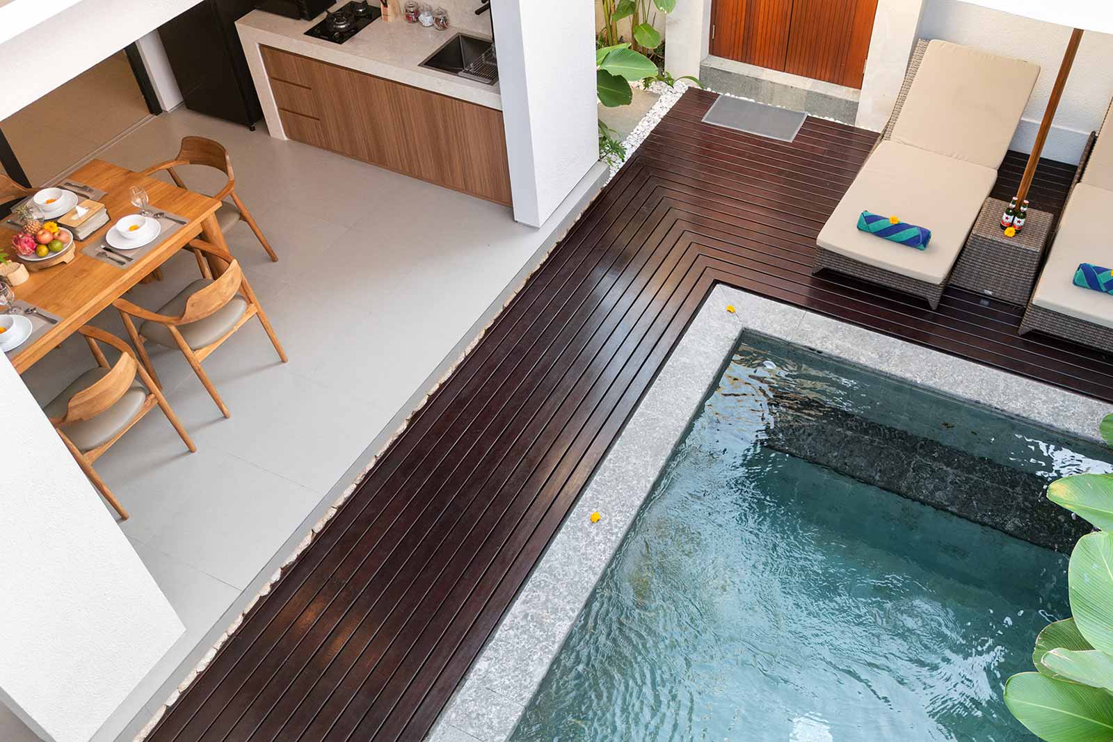 Overhead shot of pool and living area